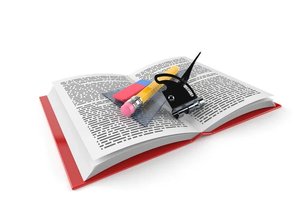 Werkzeuge für die Schule im offenen Buch — Stockfoto