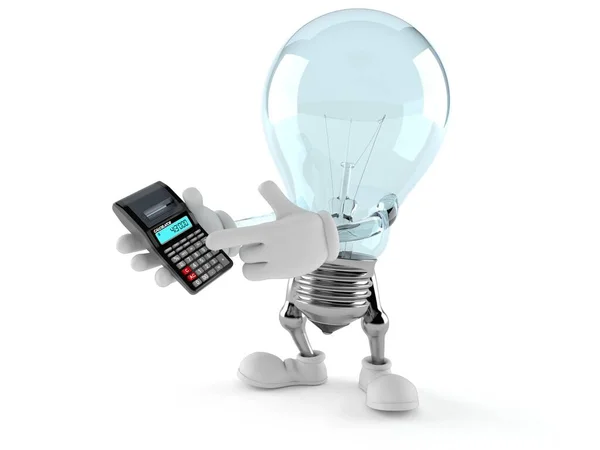 Caráter de lâmpada usando calculadora — Fotografia de Stock