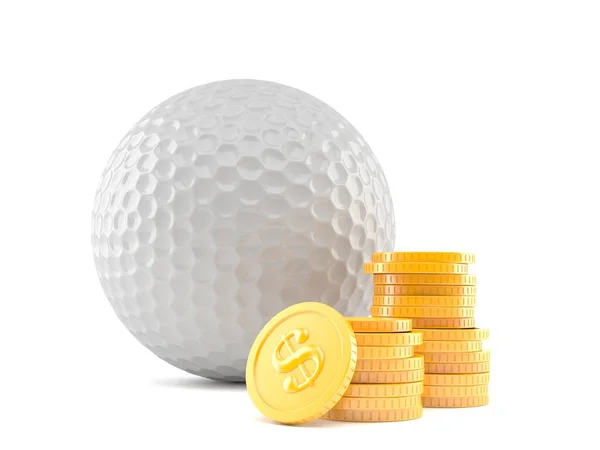 Golfbal met stapel munten — Stockfoto