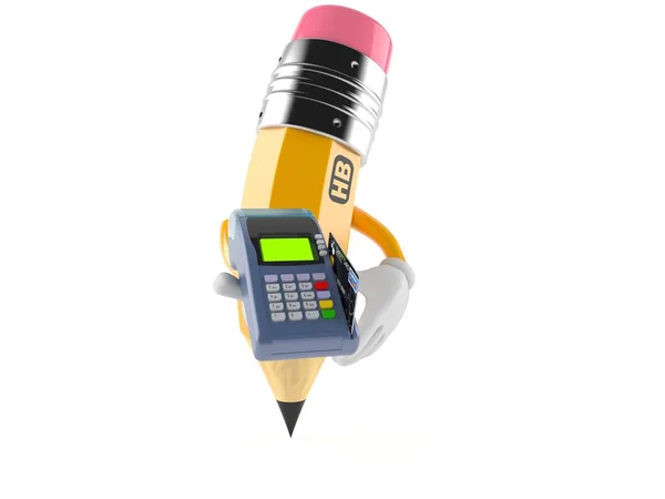Caráter lápis segurando leitor de cartão de crédito — Fotografia de Stock