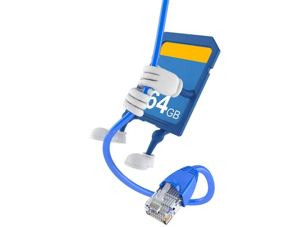 SD card character swinging on network cable — 스톡 사진