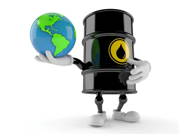 Oil barrel character holding world globe — Stock Photo, Image