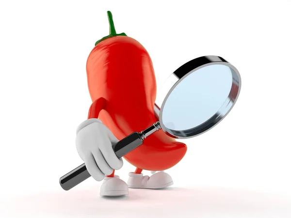 Hot paprika character looking through magnifying glass — Stock Photo, Image