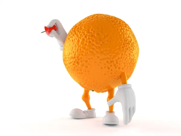 Caráter laranja segurando thumbtack — Fotografia de Stock