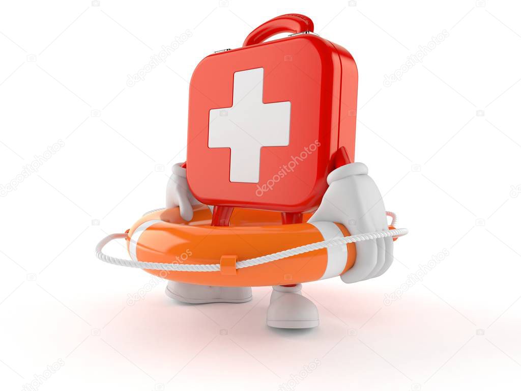 First aid kit character holding life buoy