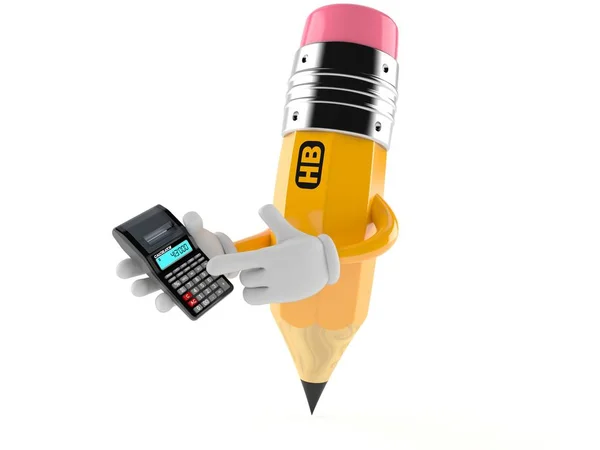 Pencil character using calculator — Stock Photo, Image