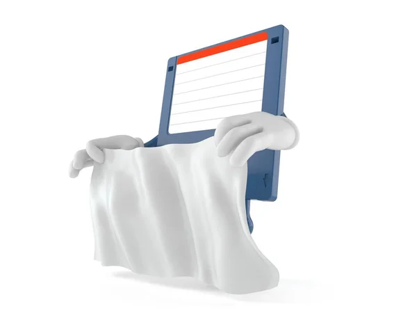 Floppy disk character holding white sheet — 图库照片