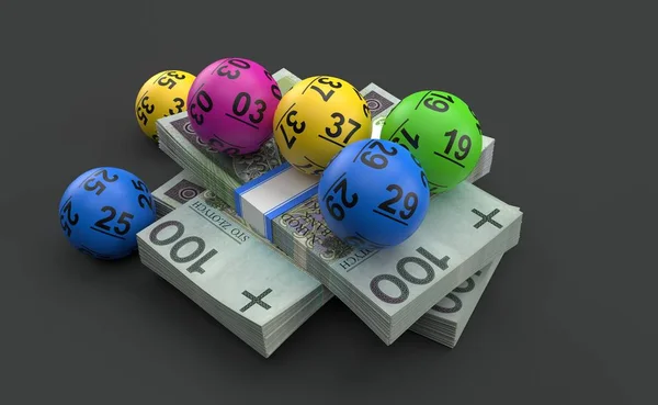 Lottery balls lying on polish currency — Stock Photo, Image