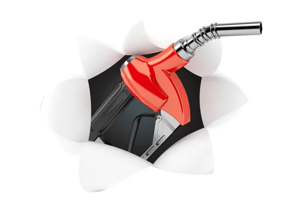 Gasoline nozzle inside hole from torn paper — Stock Photo, Image