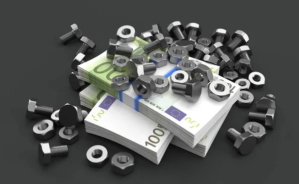 Śruby i nakrętki na walucie euro — Zdjęcie stockowe