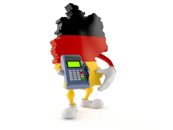 Personagem alemão segurando leitor de cartão de crédito — Fotografia de Stock