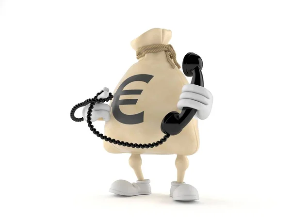 Euro money bag character holding a telephone handset — Stock Photo, Image