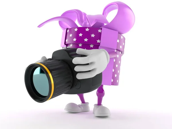 Gift character holding camera — Stock Photo, Image
