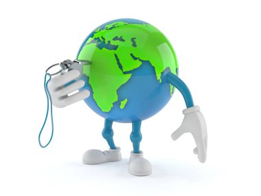 World globe character holding whistle