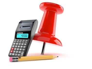 Thumbtack with calculator and pencil
