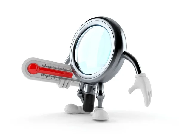 Magnifying glass character holding thermometer — Stok fotoğraf