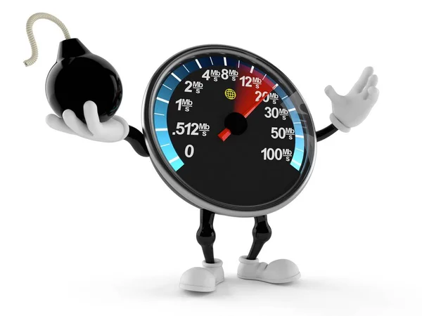 Network speed meter character holding bomb — Stock Photo, Image