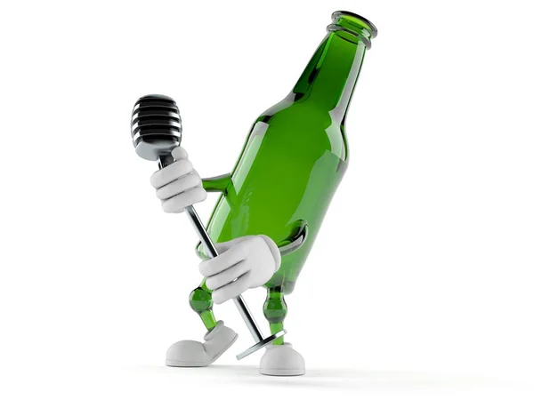 Green glass bottle character singing into microphone — 스톡 사진