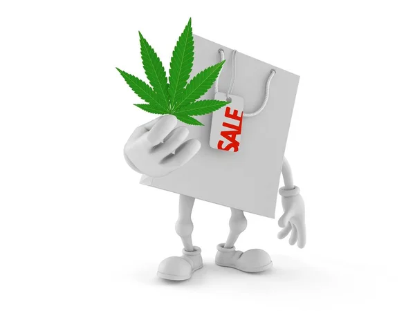 Bolso de compras personaje sosteniendo hoja de cannabis — Foto de Stock