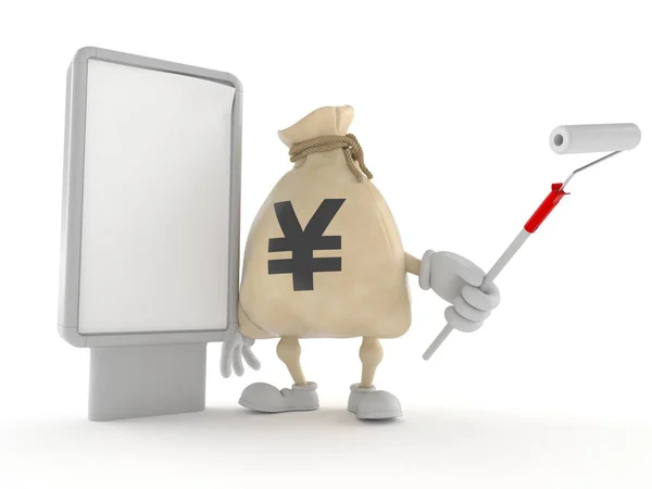 Yen penningpåse karaktär med tom affisch — Stockfoto