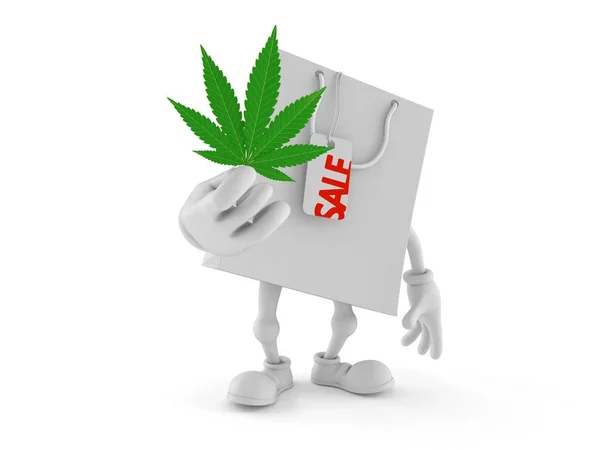 Shopping bag character holding cannabis leaf — Stock Photo, Image