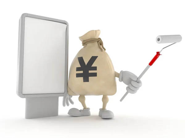 Yen money bag character with blank billboard — 스톡 사진