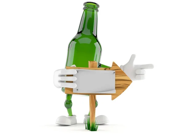 Personaje botella de vidrio verde con el signo de flecha de madera — Foto de Stock