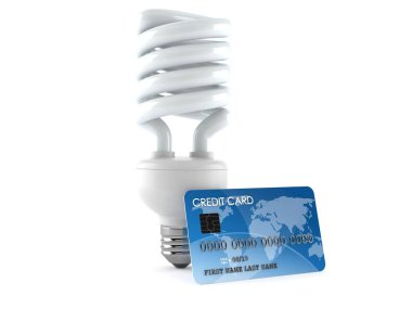 Beyazda izole edilmiş kredi kartı olan ampul