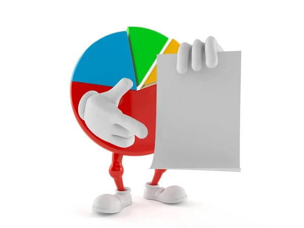 Pie chart character pointing finger on blank sheet of paper — Stock Photo, Image