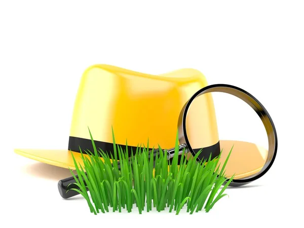 Detective Hat Magnifying Glass Grass Isolated White Background Illustration — 스톡 사진