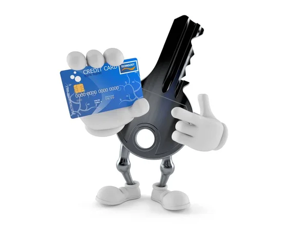 Porta personagem chave segurando cartão de crédito — Fotografia de Stock
