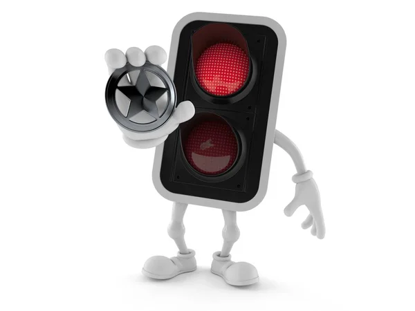 Piros közlekedési lámpa karakter kezében rendőrségi jelvény — Stock Fotó