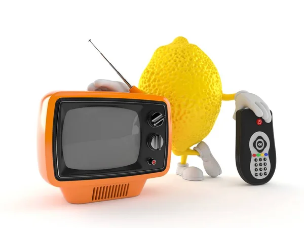 Zitronenfigur mit Fernseher und Fernbedienung — Stockfoto