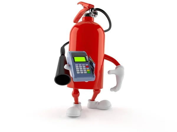 Fire extinguisher character holding credit card reader — 스톡 사진