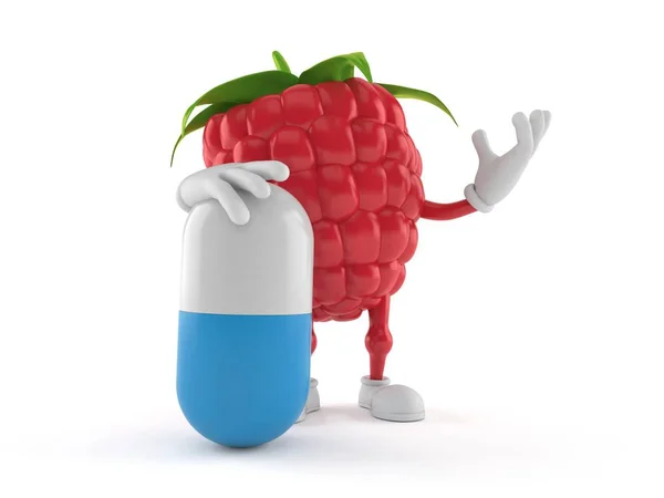 Raspberry character with pill — 스톡 사진