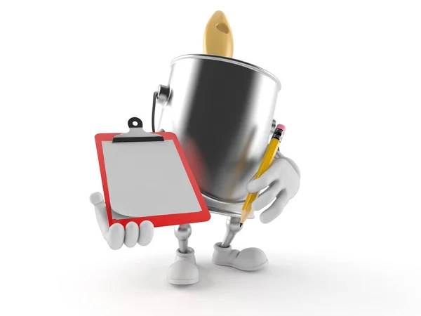 Paint can character holding clipboard and pencil — 스톡 사진