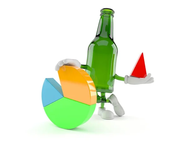 Green glass bottle character with pie chart — 스톡 사진