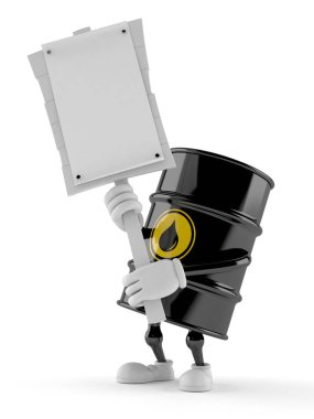 Oil barrel character holding protest sign