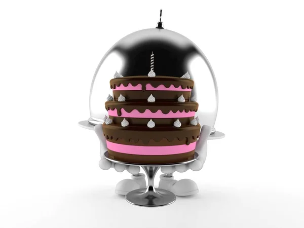 Silver catering dome personagem segurando bolo — Fotografia de Stock