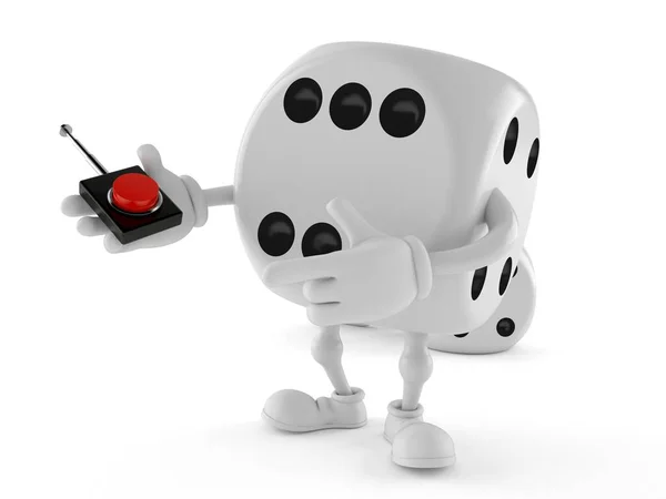 Dice character pushing button on white background — Stok fotoğraf