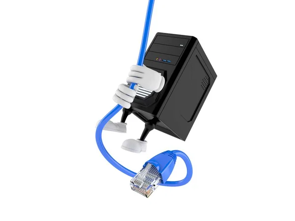 Computer character hanging on network cable — Stock Photo, Image