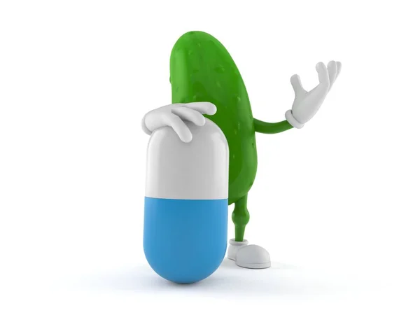 Cucumber character with pill — Stok fotoğraf