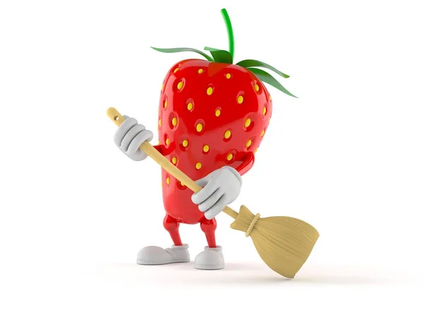 Strawberry character sweeps the floor — Stock fotografie