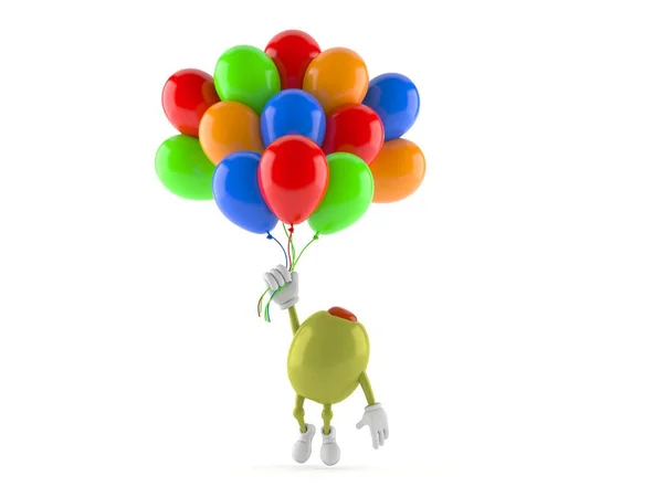 Oliwkowy charakter latający z balonami — Zdjęcie stockowe