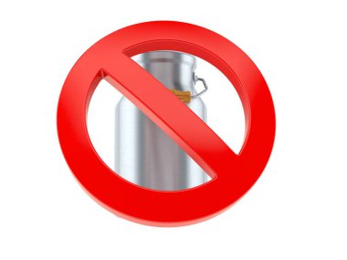 Beyaz arka planda yasak sembollü süt kutusu. 3d illüstrasyon