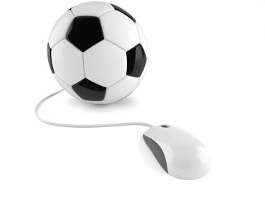 Beyaz zemin üzerinde bilgisayar faresi olan futbol topu. 3d illüstrasyon