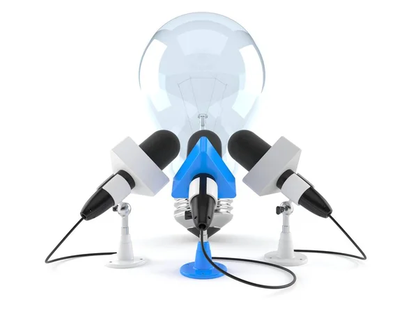 インタビューマイク付き電球は白い背景に隔離されています 3Dイラスト — ストック写真
