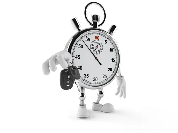 Stopwatch Karakter Met Autosleutel Geïsoleerd Witte Achtergrond Illustratie — Stockfoto