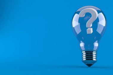 Ampulün içindeki soru işareti mavi arkaplanda izole edildi. 3d illüstrasyon