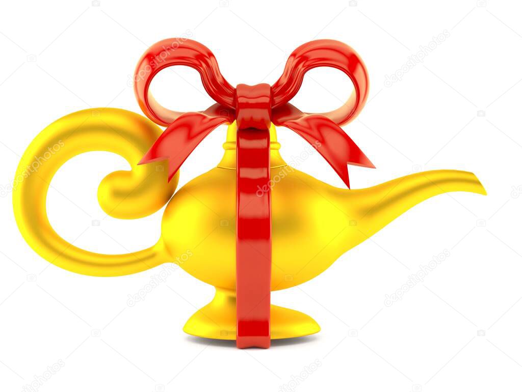 Magic lamp with red ribbon isolated on white background. 3d illustration